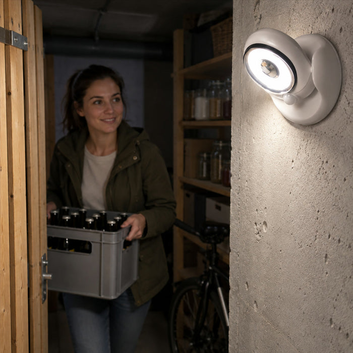 LED-Leuchte mit Bewegungsmelder für Eingang, Gehweg und Abstellraum – 450 Lumen, 360° drehbar, batteriebetrieben, wasserfest, selbstklebend