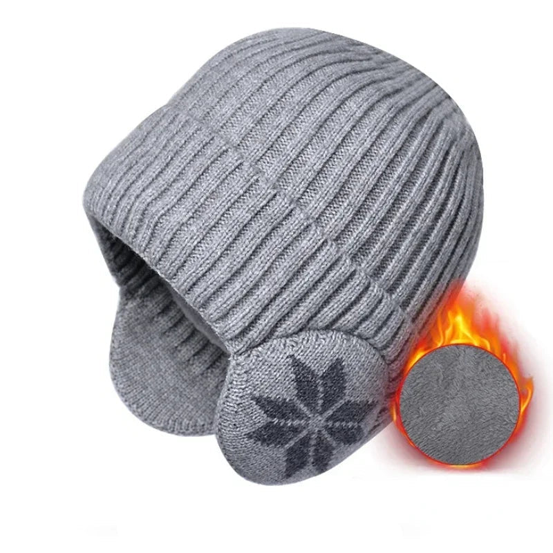 Unisex-Strickmütze aus Polyester mit Ohrenschutz und Samtfutter für Winter und Outdoor – Rippstrick, dehnbar, 5 Farben