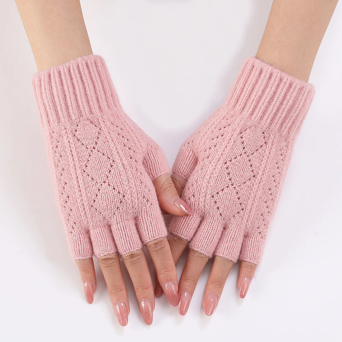 Fingerlose Strickhandschuhe für Damen und Herren im Winter – gestrickt, Fingerspitzen frei, in 7 Farben von Hellrosa bis Beige