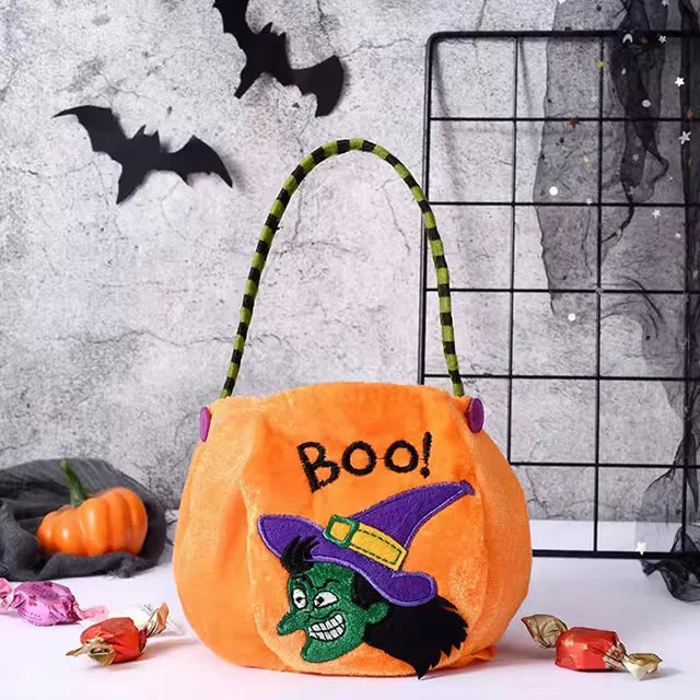 Halloween-Tasche in Kürbisform für Kinder für Süßes-oder-Saures, Schulfest und Party – ca. 25 × 13 cm, Plüschstoff, Henkel, 4 Farben