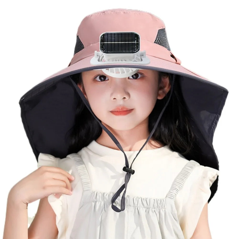 Kinder-Sonnenhut mit Solar-Ventilator und breiter Krempe für Garten, Angeln und Reisen – UPF 50+, 3 Stufen, 800-mAh-Akku, Kopfumfang 52–55 cm