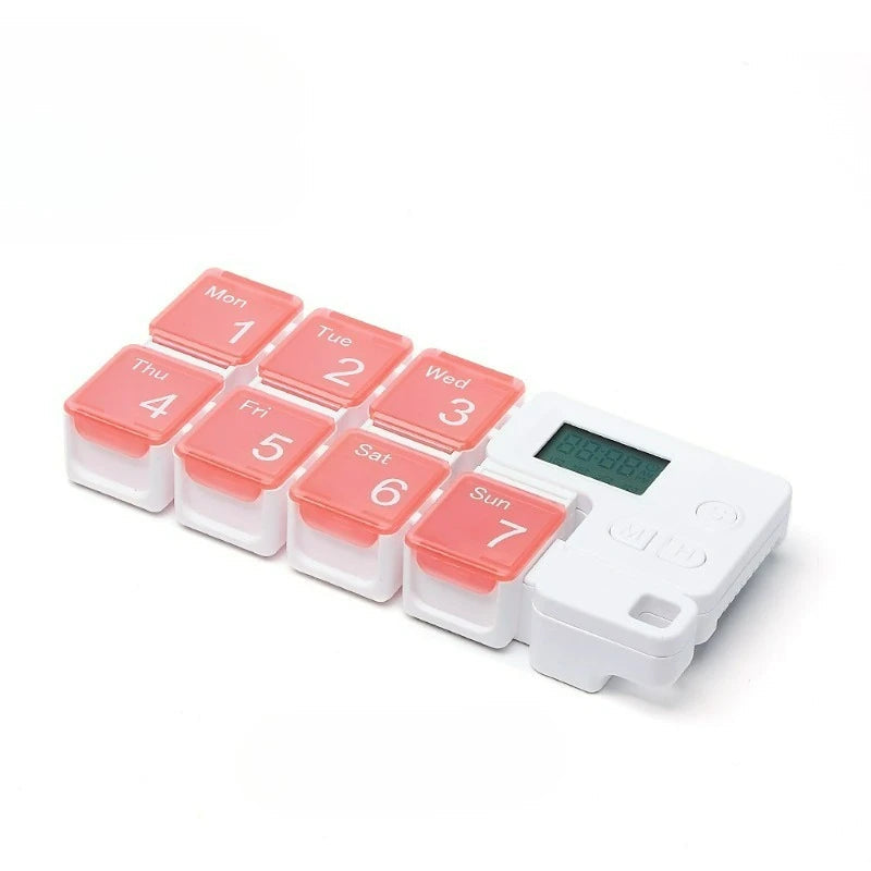 Elektronische Tablettenbox für die Woche für Zuhause und Reisen – Wochen-Pillendose mit Fächern, Bunt, Blau, Schwarz oder Rosa
