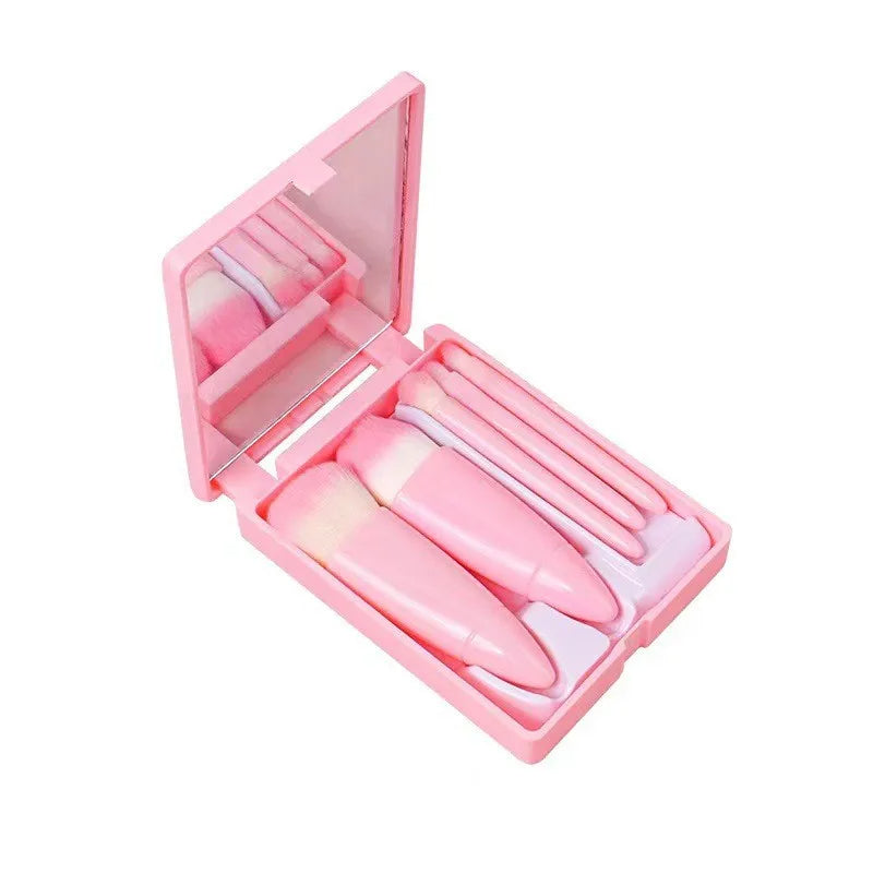 Mini-Pinselset mit 5 Schminkpinseln im Etui mit Spiegel für Reise und Handtasche – ca. 11 × 8 × 2,3 cm, staubdicht, 4 Farben
