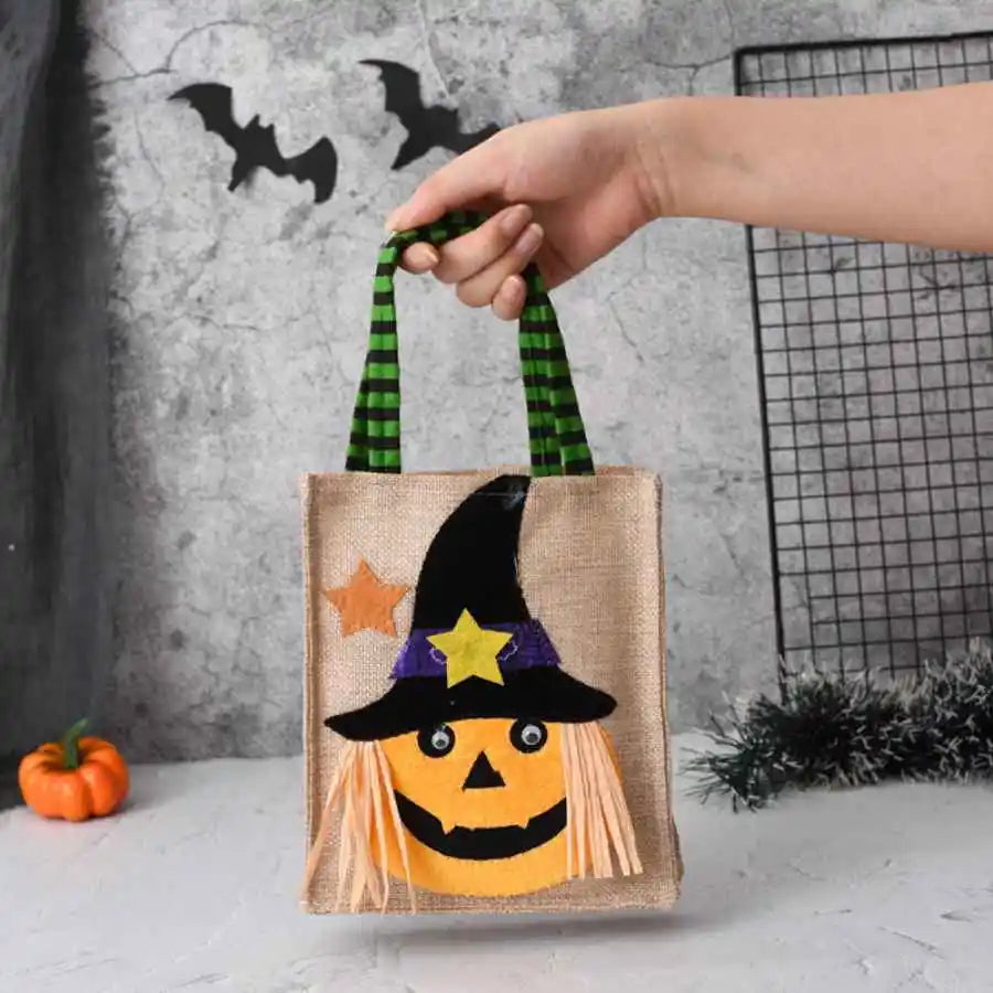 Halloween-Süßigkeitentasche aus Baumwolle und Leinen für Kinder für Süßes-oder-Saures und Party – 26 × 15 cm, handgemacht, 4 Motive