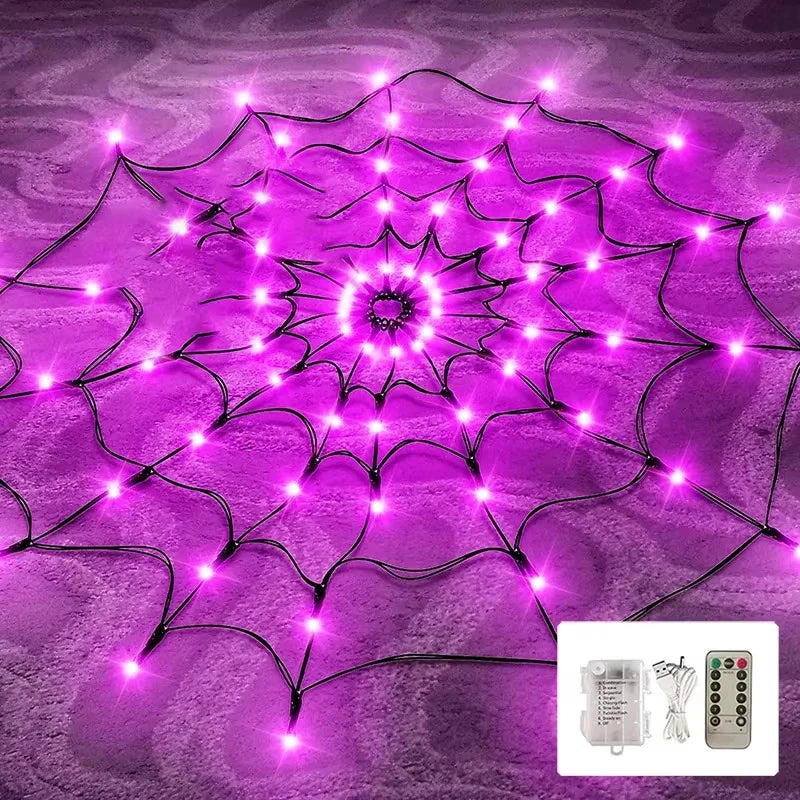 Leuchtendes Spinnennetz mit Spinne als Halloween-Deko für Fenster, Wand und Garten – 70 LEDs, 8 Modi, batteriebetrieben, Lila oder Orange