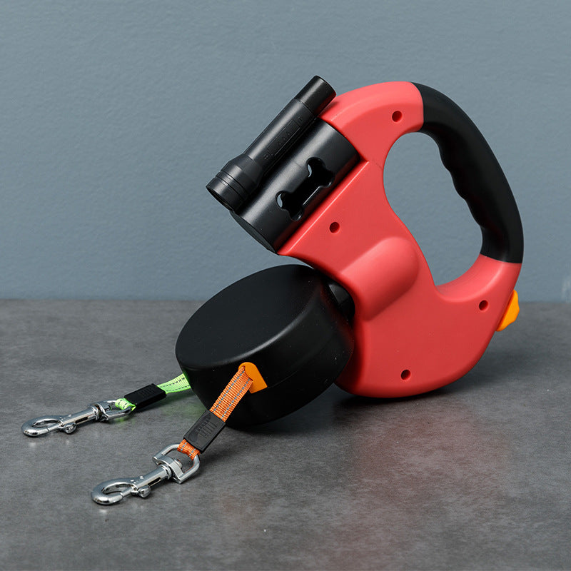 Doppel-Rollleine für 2 Hunde mit LED-Lampe und Kotbeutelspender für Spaziergänge – zwei ausziehbare Leinen, Rot, Marineblau oder Schwarz