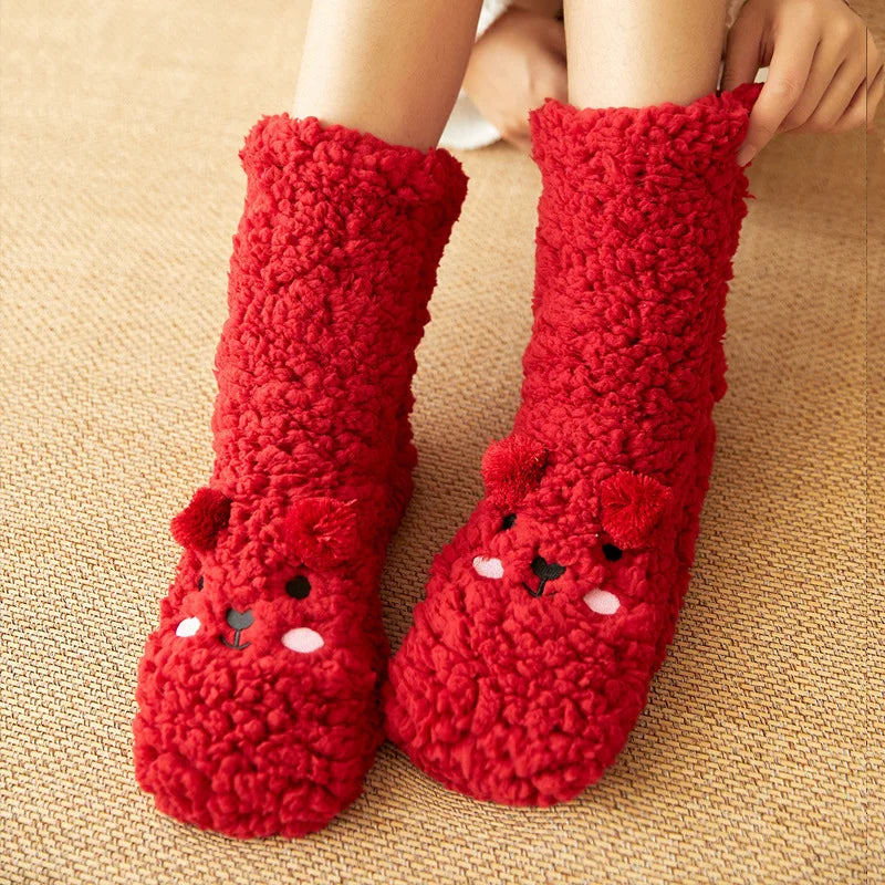 Kuschelige Fleece-Socken im Kawaii-Bären-Design für Zuhause, Sofa und Homeoffice – warme Haussocken in 7 Farben