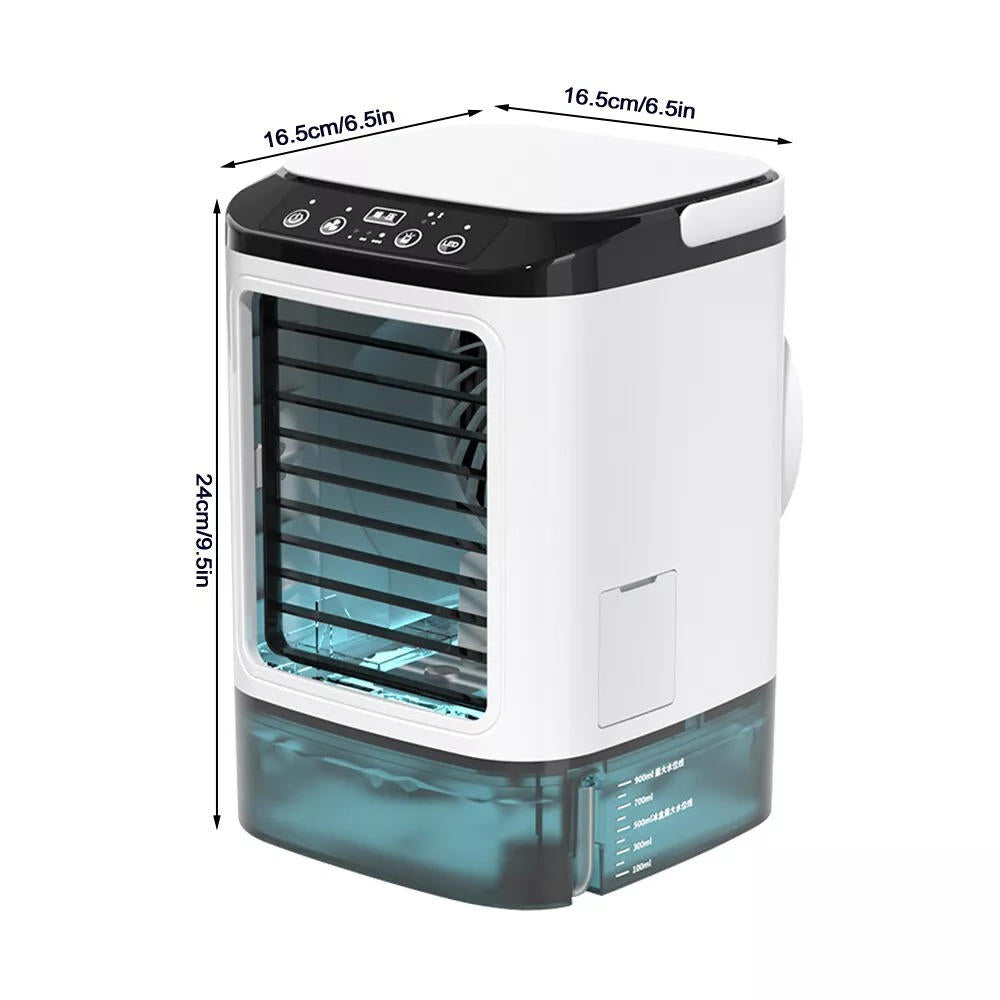 Mini-Luftkühler mit Ultraschall-Doppelvernebler und Eisfach für Schreibtisch und Schlafzimmer – 900-ml-Tank, 3 Stufen, RGB-Licht, Touch-Bedienung