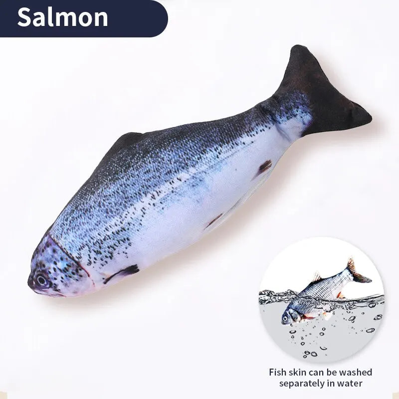 Zappelnder Plüschfisch als Katzenspielzeug mit USB-Akku zum Jagen und Spielen – Karpfen oder Lachs, ca. 27–28 cm, Baumwolle und Plüsch