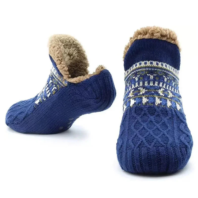 Gefütterte Hausschuhsocken mit Norwegermuster für Zuhause, Winter und Weihnachtszeit – Strick mit flauschigem Innenfutter und Umschlag, in 6 Farben