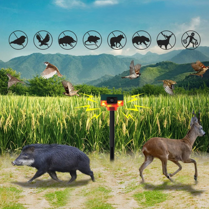 Solar-Tierabwehr mit Bewegungsmelder, Blitzlicht und Alarmtönen für Garten, Feld und Hof – IP55, 13 Töne, 6 Blitz-LEDs, 1200-mAh-Akku, 5–8 m