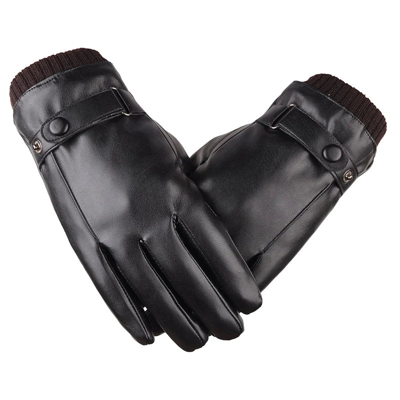 Herren-Winterhandschuhe in Lederoptik mit Touchscreen-Funktion für Büro, Arbeitsweg und Winter – mit Futter, Strickbündchen und Riegel