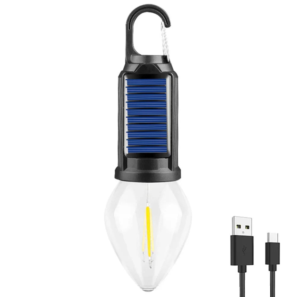 Solar-Campinglampe mit Haken und Dämmerungssensor für Zelt, Garten und Grillabend – 100 lm Warmlicht, USB-C, wasserfest, 3 Formen