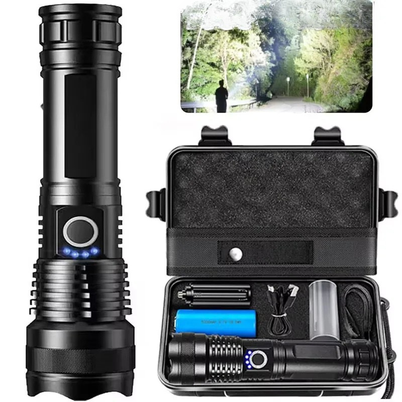 Zoombare LED-Taschenlampe aus Aluminium für Camping, Wandern und Notfall – 5 Modi, USB-Laden, Akkuanzeige, stoßfest